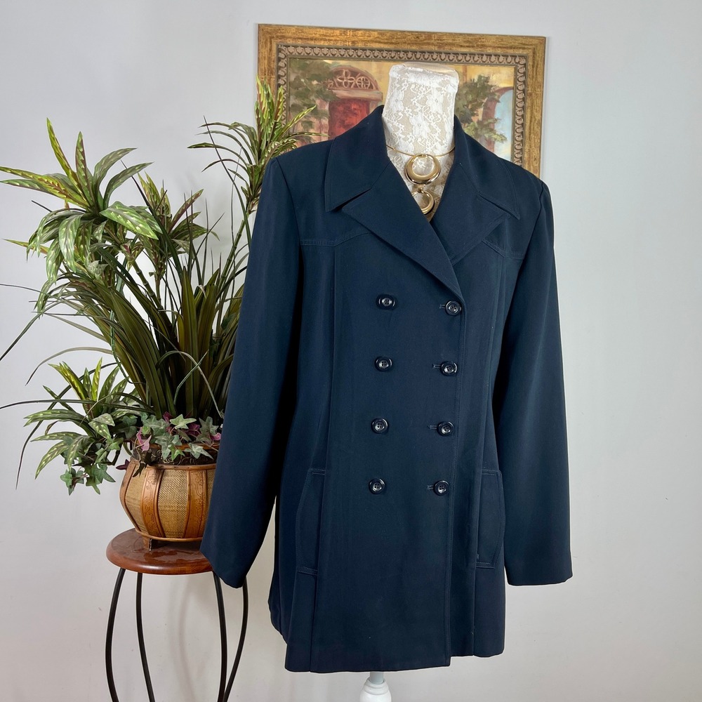Amanda Smith Peacoat Women 14 Navy Blue Polyester Double Breasted Belted Back